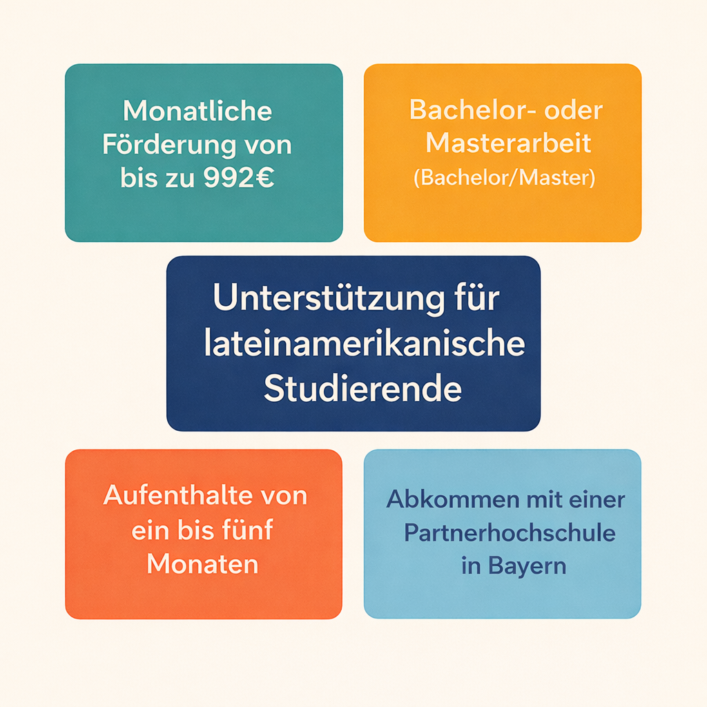 Grafik mit Förderinformationen für lateinamerikanische Studierende: monatliche Förderung bis 992 Euro, Bachelor- oder Masterarbeit, Aufenthalte von ein bis fünf Monaten und Kooperationen mit Partnerhochschulen in Bayern.
